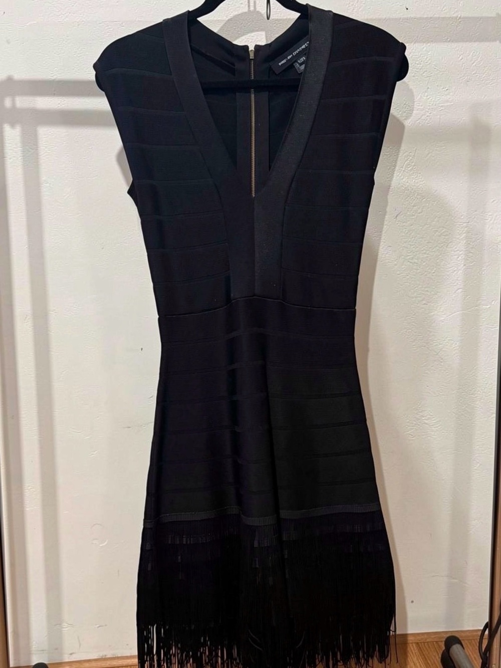 French Connection Black V-Neck Fringe Mini Dress